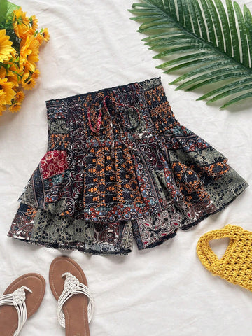 WYWH Casual Vacation Double Layered Ruffle Hem Women's Shorts With Elastic Waist