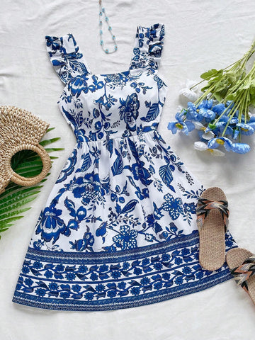 Casual & Vacation Cap Sleeve Backless Tie-Up Belt Blue & White Printed Women's Dress