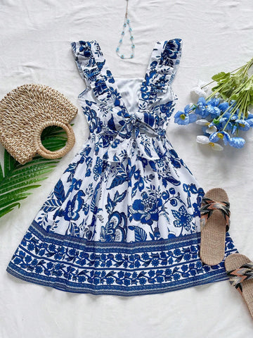 Casual & Vacation Cap Sleeve Backless Tie-Up Belt Blue & White Printed Women's Dress
