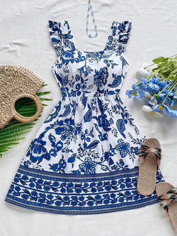 Casual & Vacation Cap Sleeve Backless Tie-Up Belt Blue & White Printed Women's Dress