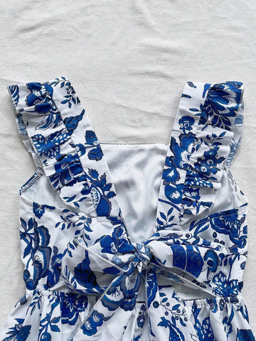 Casual & Vacation Cap Sleeve Backless Tie-Up Belt Blue & White Printed Women's Dress