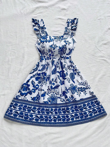 Casual & Vacation Cap Sleeve Backless Tie-Up Belt Blue & White Printed Women's Dress