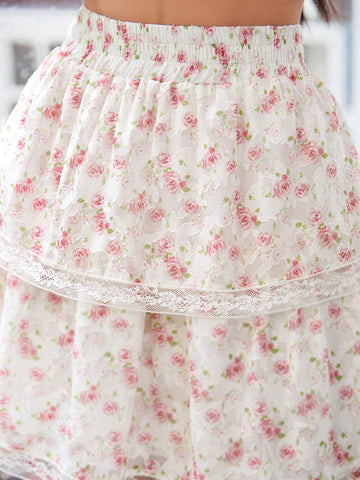 WYWH Chiffon Floral Lace Patchwork Romantic Printed Skirt For Women, Summer