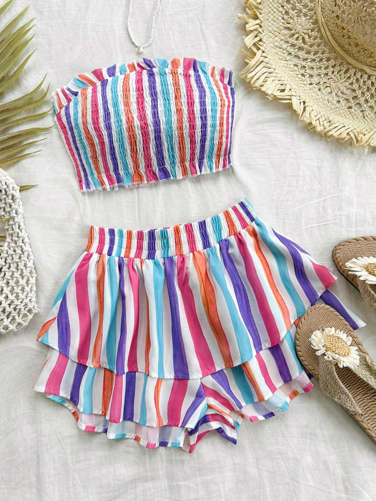 Colorful Stripe Strapless Pleated Ruffle Top And Shorts Set, Romantic Casual Vacation Women's Outfit, Summer