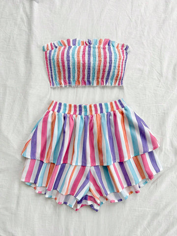 Colorful Stripe Strapless Pleated Ruffle Top And Shorts Set, Romantic Casual Vacation Women's Outfit, Summer