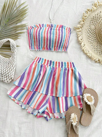 Colorful Stripe Strapless Pleated Ruffle Top And Shorts Set, Romantic Casual Vacation Women's Outfit, Summer
