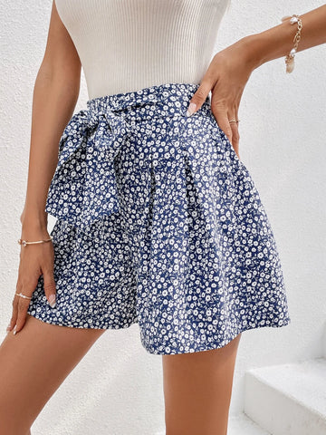 WYWH Ditsy Floral Print Belted Wide Leg Shorts