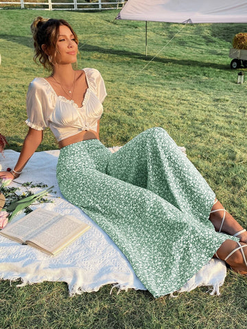 WYWH Ditsy Floral Print High Waist Wide Leg Pants