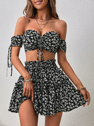 Ditsy Floral Print Off Shoulder Drawstring Crop Top & Skirt