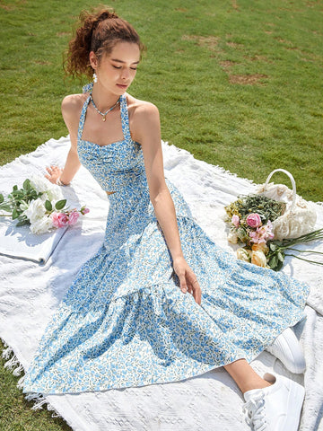 Ditsy Floral Print Tie Backless Halter Top & Ruffle Hem Skirt