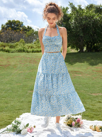 Ditsy Floral Print Tie Backless Halter Top & Ruffle Hem Skirt