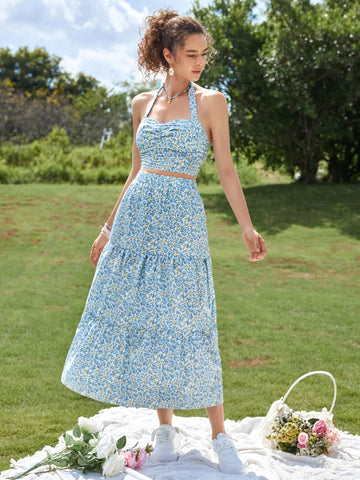 Ditsy Floral Print Tie Backless Halter Top & Ruffle Hem Skirt