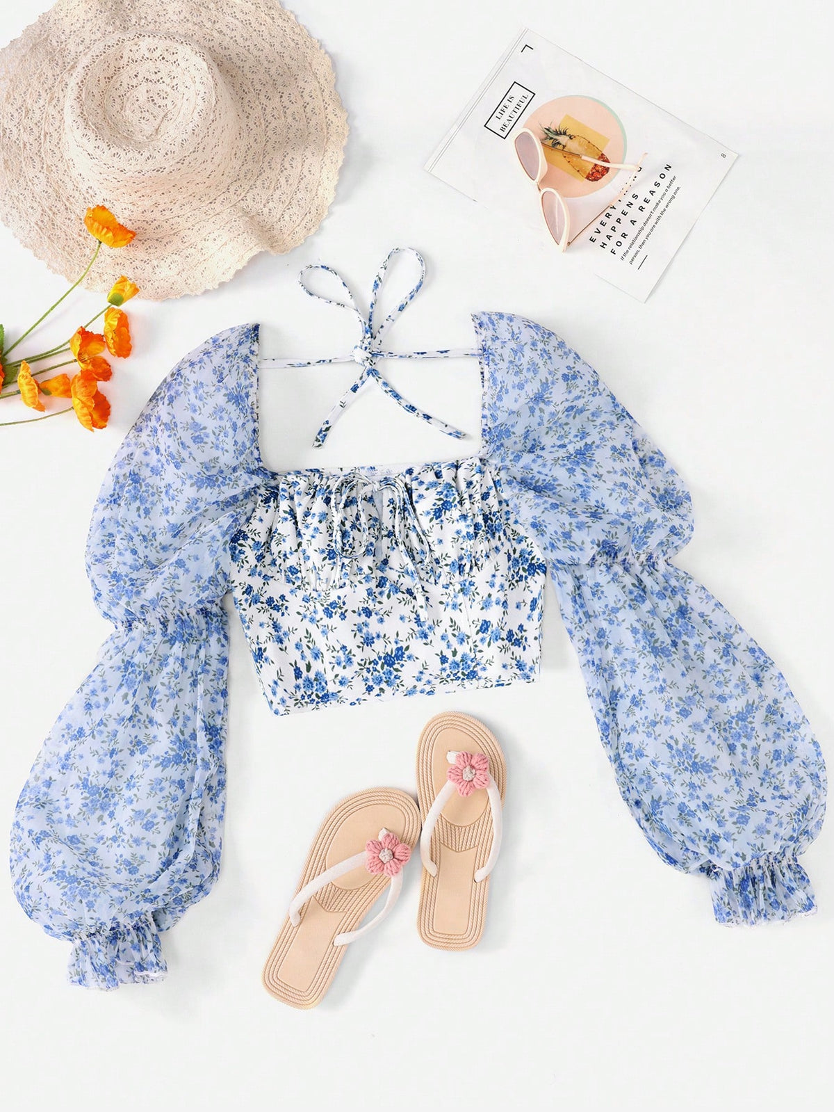 Ditsy Floral Print Tie Front Flare Sleeve Crop Top