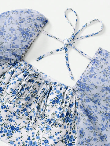 Ditsy Floral Print Tie Front Flare Sleeve Crop Top