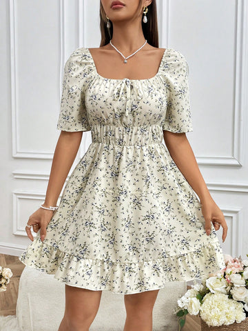 Ditsy Floral Square Neck Raglan Sleeve Dress