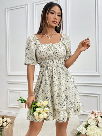 Ditsy Floral Square Neck Raglan Sleeve Dress