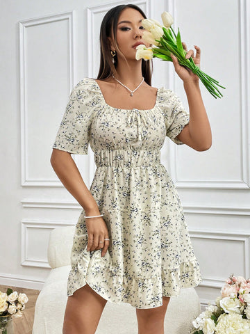 Ditsy Floral Square Neck Raglan Sleeve Dress