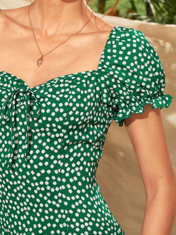 Ditsy Floral Tie Front Ruffle Hem Milkmaid Dress