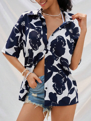 Dual-Color Flower Printed Loose Casual Vacation Shirt