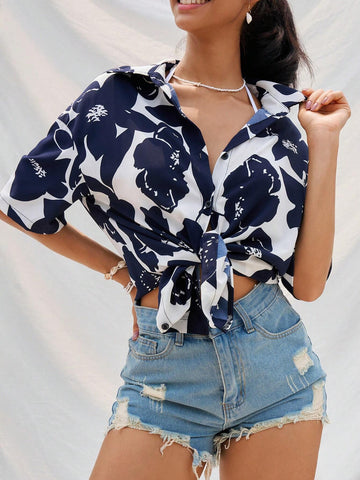 Dual-Color Flower Printed Loose Casual Vacation Shirt