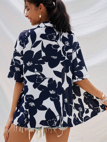 Dual-Color Flower Printed Loose Casual Vacation Shirt