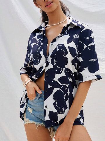 Dual-Color Flower Printed Loose Casual Vacation Shirt