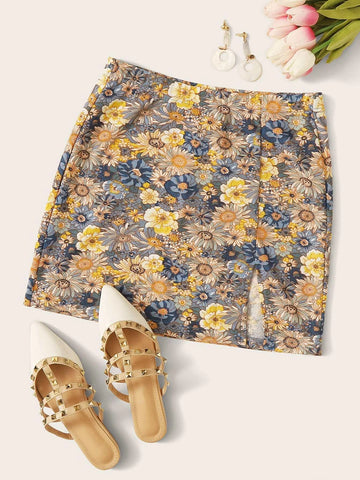 WYWH Elastic Waist Split Hem Floral Skirt
