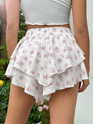 WYWH Elegant Women's Floral Print Double Layer Ruffle Hem Skirt Pants