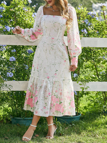 Embroidered Hollow Out Positioning Flower Patchwork Ruffles Square Neck Romantic Spring Dress