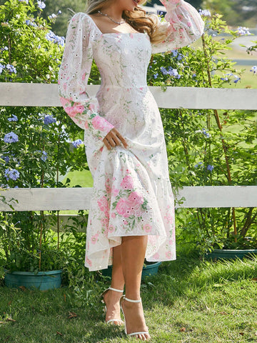 Embroidered Hollow Out Positioning Flower Patchwork Ruffles Square Neck Romantic Spring Dress
