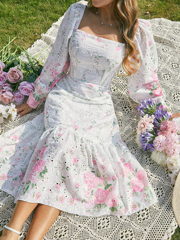 Embroidered Hollow Out Positioning Flower Patchwork Ruffles Square Neck Romantic Spring Dress