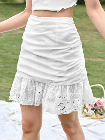 WYWH Eyelet Embroidery Ruched Ruffle Hem Skirt