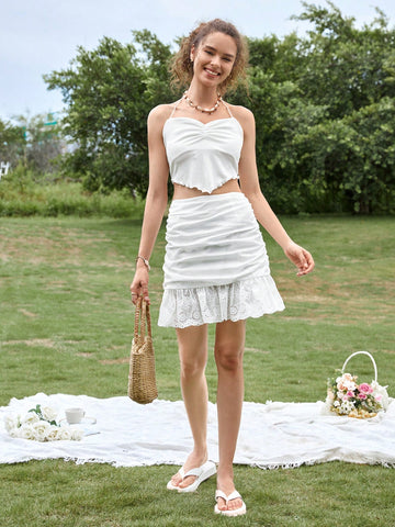 WYWH Eyelet Embroidery Ruched Ruffle Hem Skirt