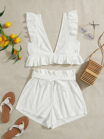 Eyelet Embroidery Ruffle Top & Paperbag Waist Belted Shorts