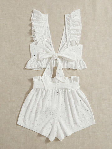 Eyelet Embroidery Ruffle Top & Paperbag Waist Belted Shorts