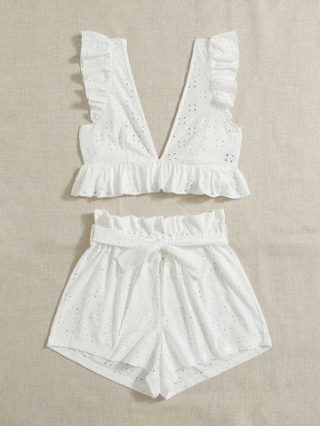 Eyelet Embroidery Ruffle Top & Paperbag Waist Belted Shorts