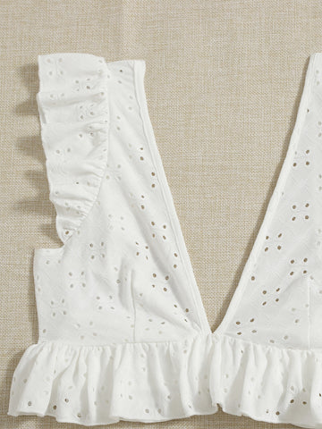 Eyelet Embroidery Ruffle Top & Paperbag Waist Belted Shorts