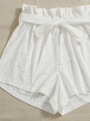 Eyelet Embroidery Ruffle Top & Paperbag Waist Belted Shorts