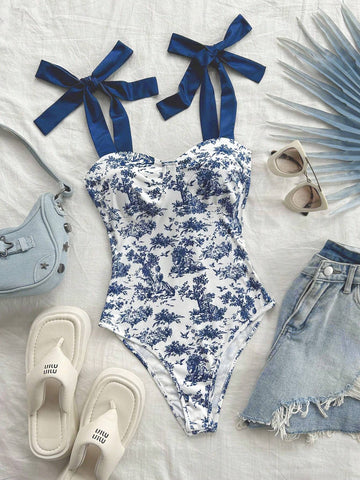 Fashionable Blue And White Color-Blocked Bodysuit For Beach Vacation