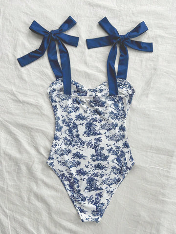 Fashionable Blue And White Color-Blocked Bodysuit For Beach Vacation