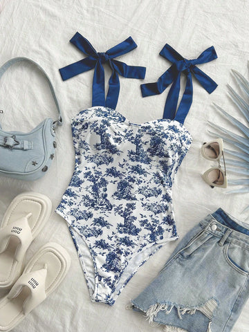 Fashionable Blue And White Color-Blocked Bodysuit For Beach Vacation