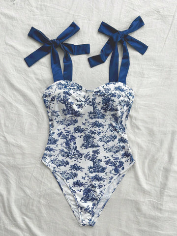 Fashionable Blue And White Color-Blocked Bodysuit For Beach Vacation