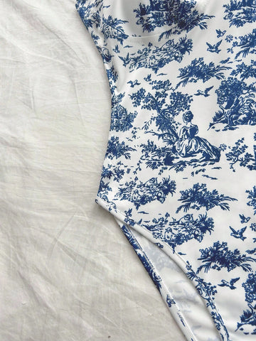 Fashionable Blue And White Color-Blocked Bodysuit For Beach Vacation