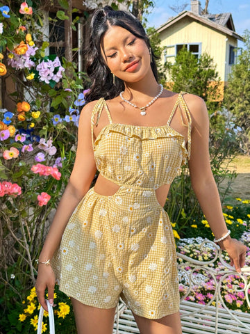 Floral And Gingham Print Hollow Out Cami Romper