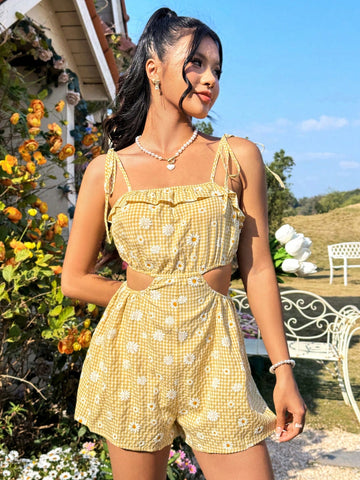 Floral And Gingham Print Hollow Out Cami Romper