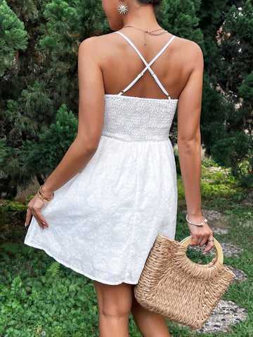 Floral Jacquard A-Line Spaghetti Strap Dress With Gathering Waist