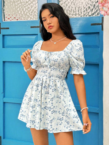 Floral Print Bubble Sleeve A-Line Jumpsuit