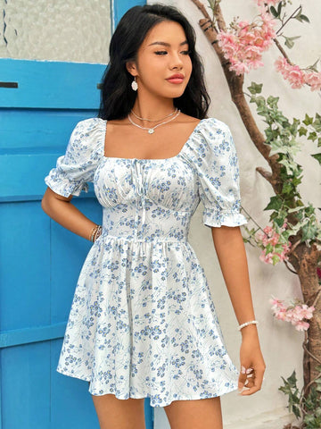 Floral Print Bubble Sleeve A-Line Jumpsuit