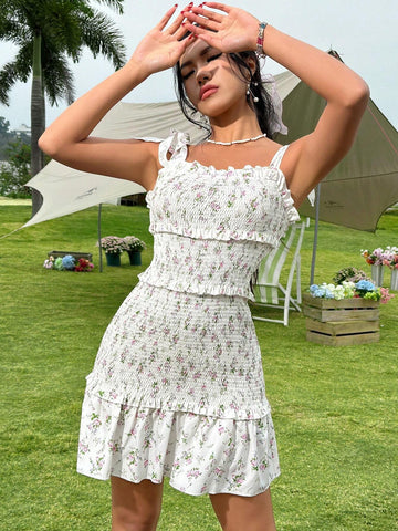 Floral Print Gathered Waist Dress