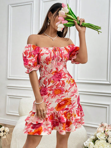 Floral Print Off Shoulder Puff Sleeve Layered Ruffle Hem Dress